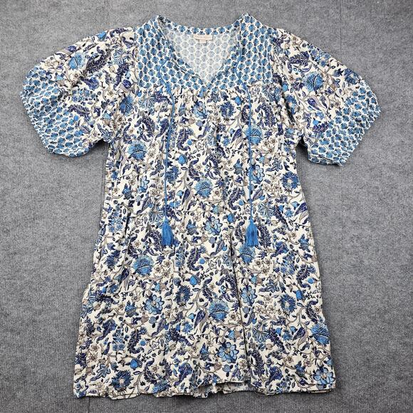 Knox Rose Dress Womens XL Blue Floral Boho Peasant Tassel Puff Sleeve Cottage - Picture 1 of 6